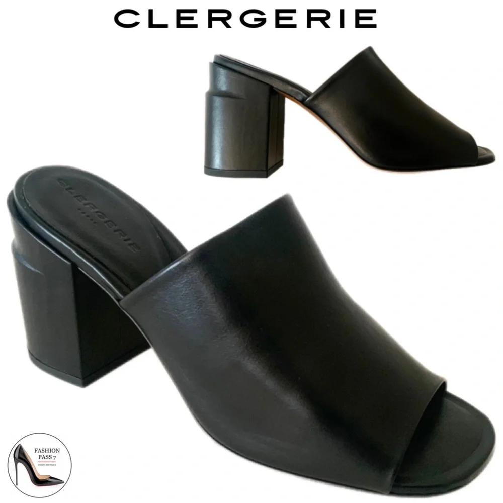 ROBERT CLERGERIE ALLEGRIA MULE BLACK LEATHER block Heel Open Toe Slip On Sandals